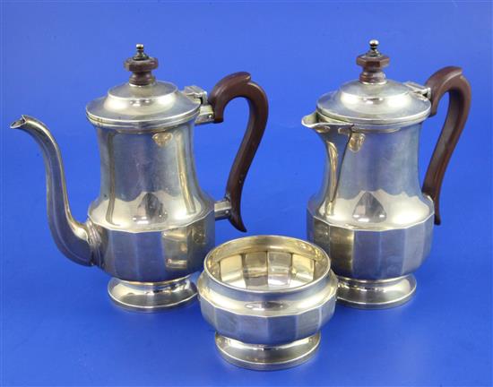 A George V silver cafe au lait trio by Mappin & Webb, gross 14.5 oz.